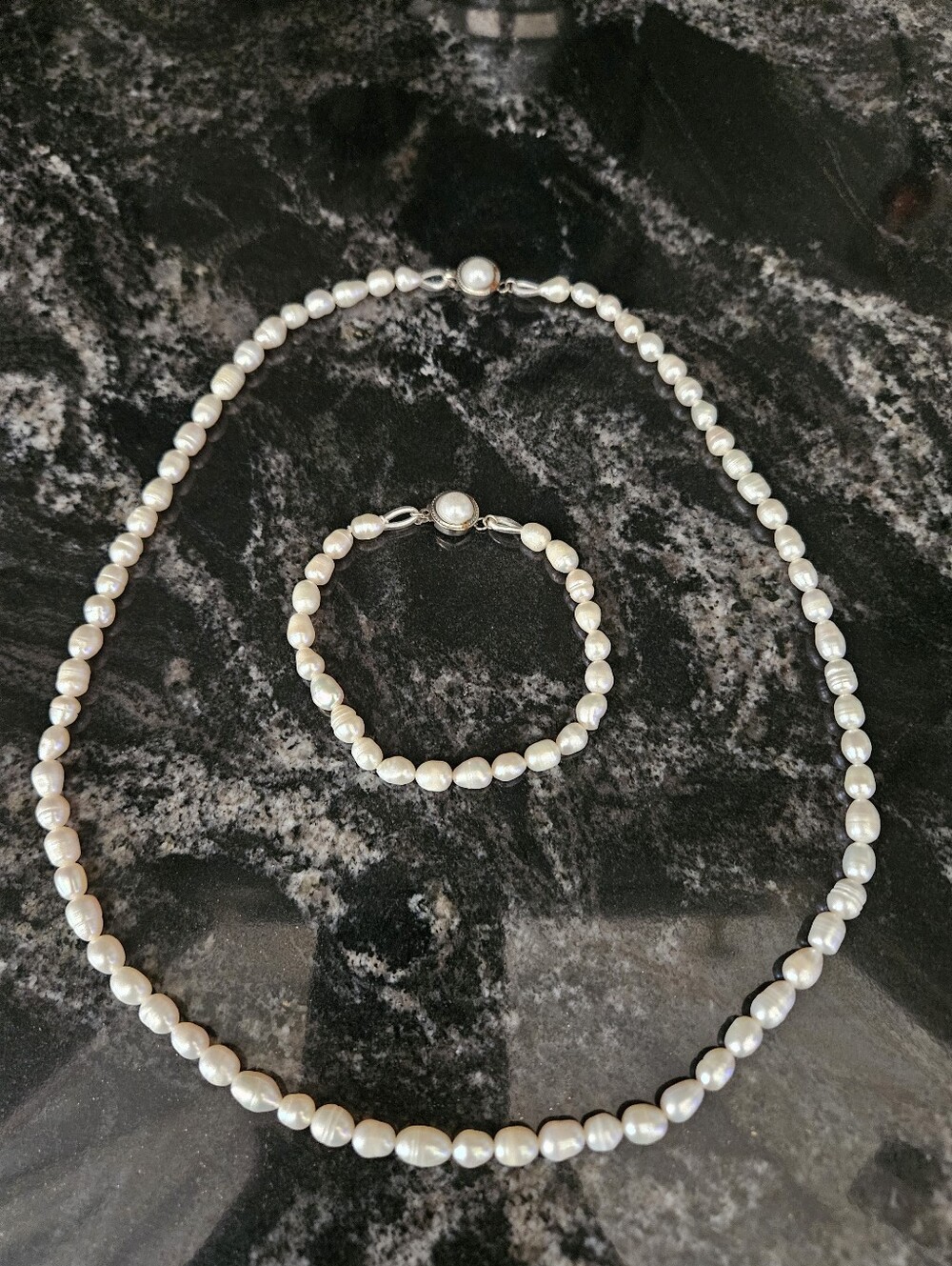 Vintage Genuine Freshwater Rice Pearl Necklace & Bracelet  925 Sterling Silver